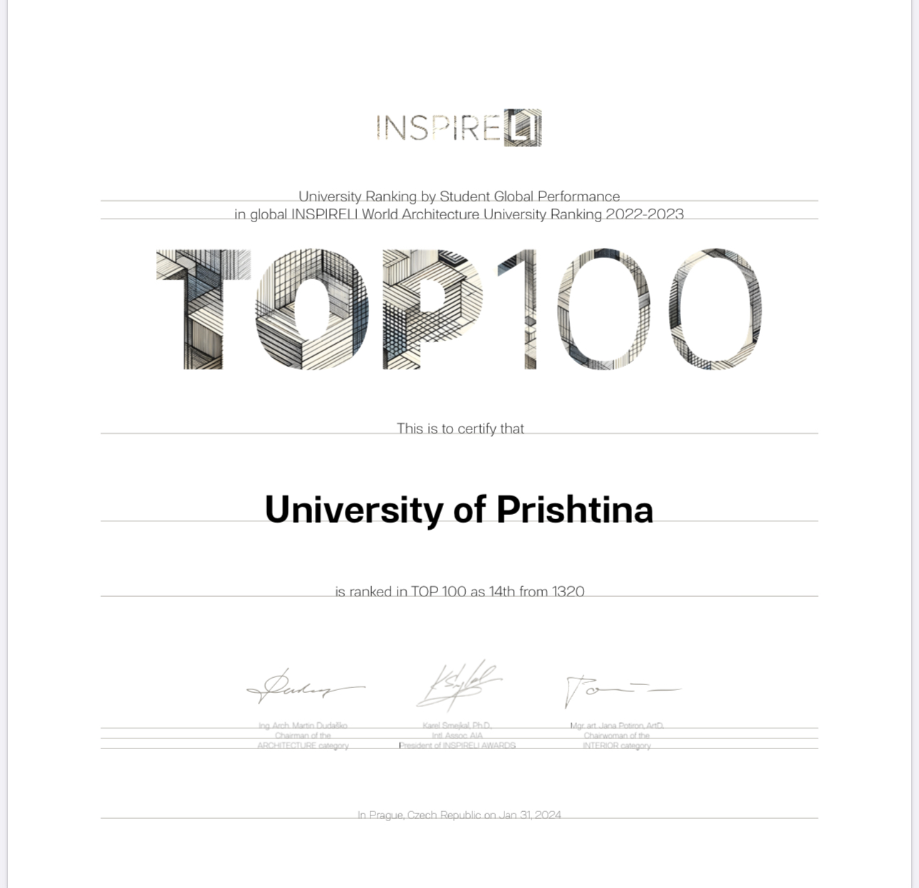 UP-ja renditet në vendin e 14-të në renditjen botërore universitare të platformës ndërkombëtare INSPIRELI për arkitekturë dhe inxhinieri civile